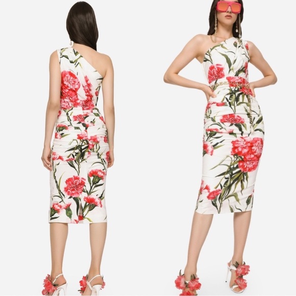 Dolce & Gabbana Carnation Print Poplin One Shoulder Dress - Picture 1 of 14